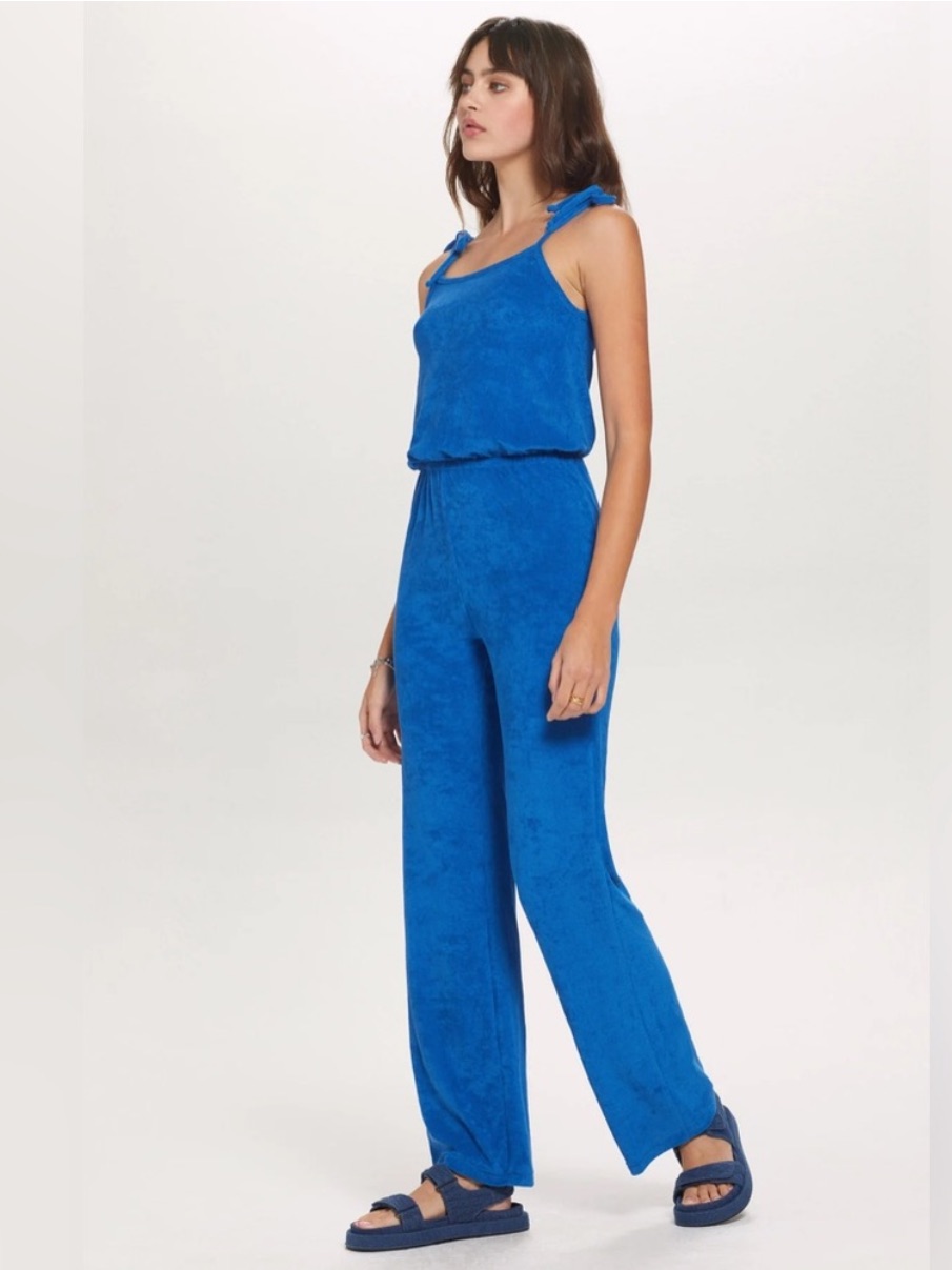 Nwot Goldie Lewinter “Revelry” Blue Tie-Shoulder Terry Jumpsuit - Women's